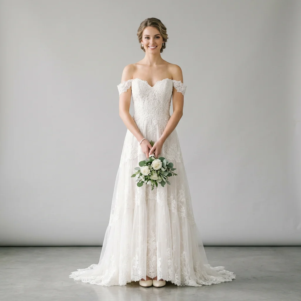 Off Shoulder Sweetheart Lace A Line Wedding Dress Tiered Tulle Chapel Train Bridal Gown
