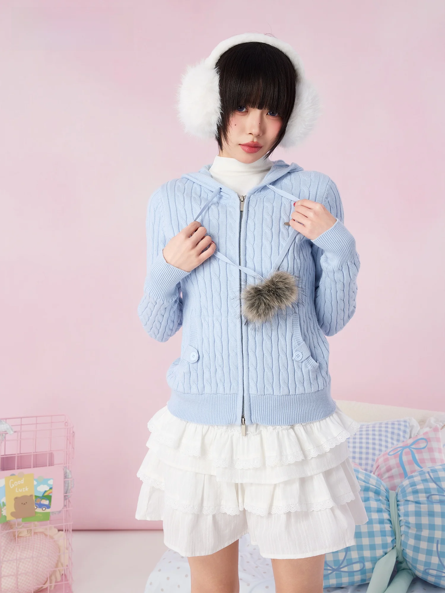 

Didimax Spring New Blue Knotted Slim Fit Open Cardigan Sweater with Hat Fem Original C27555 Casual Sle Long Sve Zipper