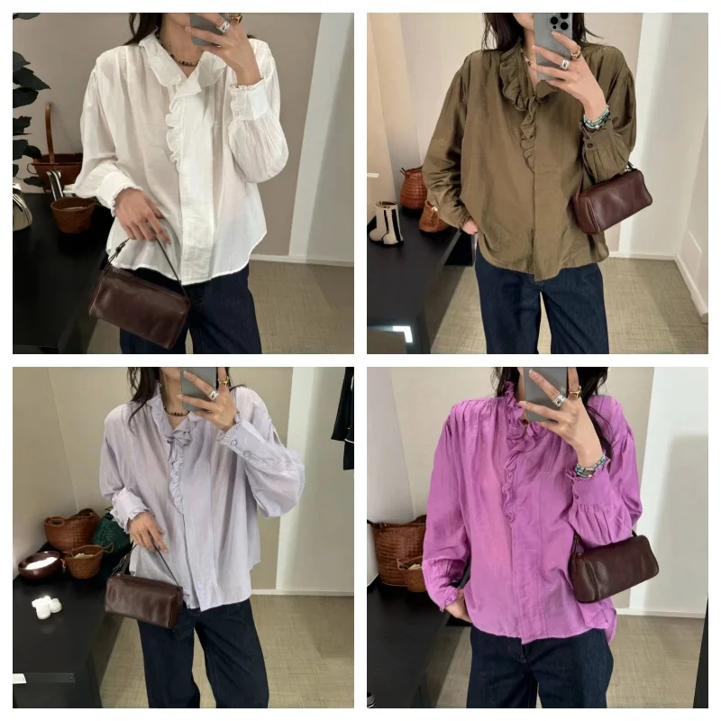 

Classic Cotton Lace Trim Shirt Thin Spring Fashion Women's French Style Straight Cut Long Sleeve Button up Pure Color UV Prot...