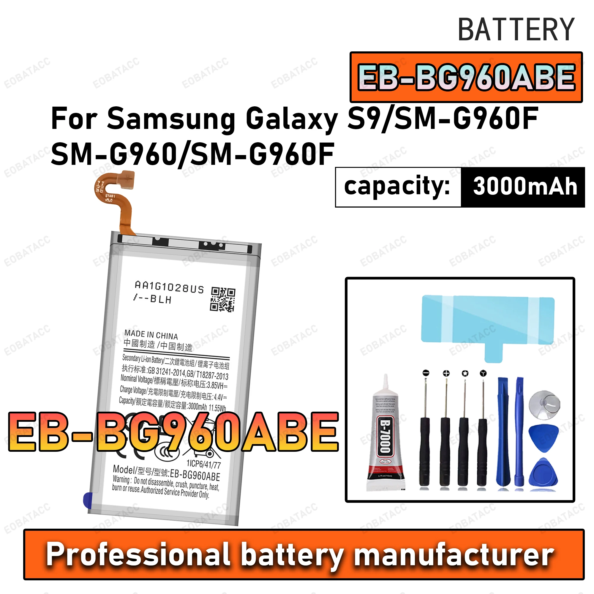 

100% New Zero Cycle EB-BG960ABE Battery For Samsung Galaxy S9/SM-G960F/SM-G960 Phone Replacement Bateria +Free Tools