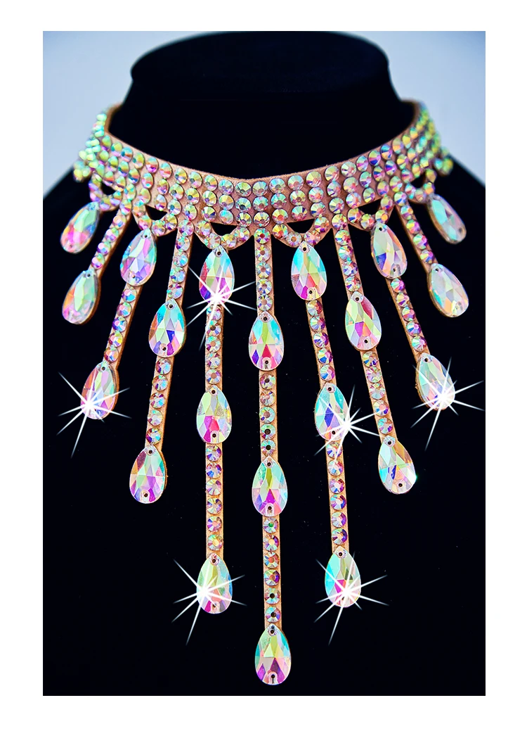 2024 New Belly Dance Necklace Neckchain Sparkling Colorful Diamond Dance Oriental Dance Watch Performance Jewelry Accessories