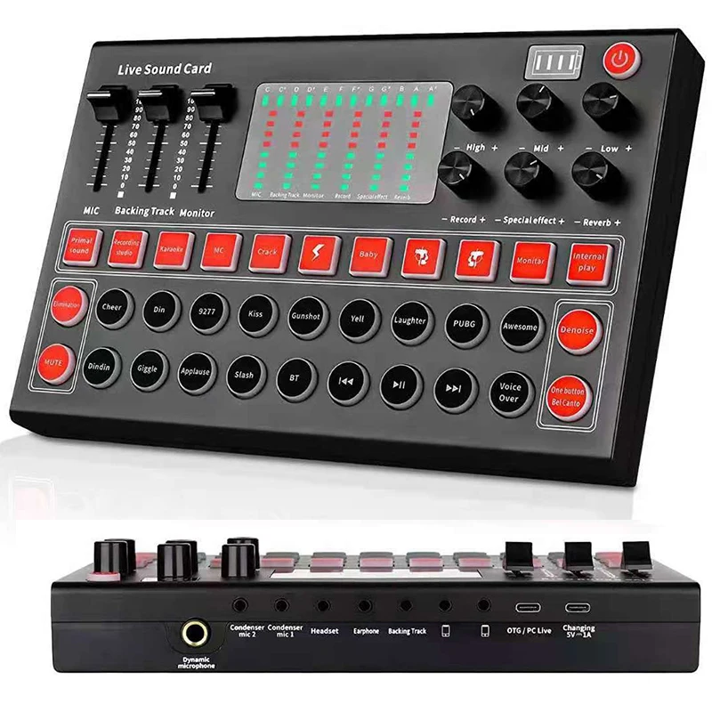 

Sound Mixer Board,Live Sound Card Voice Changer with Multiple Sound Effects and LED Light for Live Streaming Audio Mixer