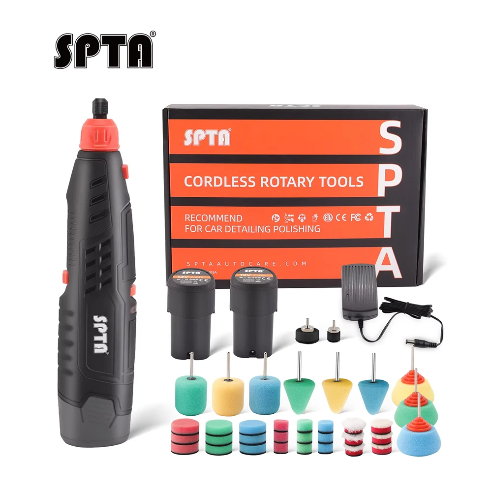 

SPTA 12V Cordless Rotary Mini Car Polisher ,Car Electric Drill, 5,000-25,000 RPM Small Buffer Polisher Polishing Foam Pad Set