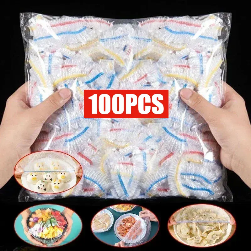 100pcs Colorful Disposable Food Cover Bags Fruit Vegetable Bowls Cups Plastic Bag Kitchen Fresh Keeping Bags Food Saver Bags