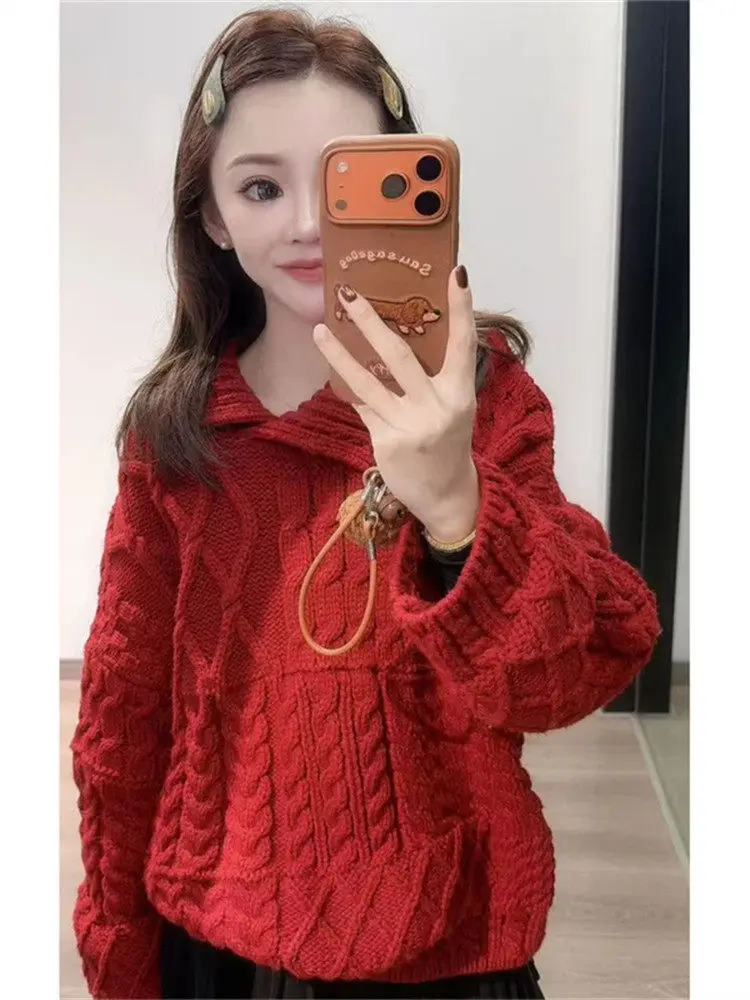 

Loose Fit Korean Sle Lazy Knit Sweater Spring New Arrival Aosphere Feeling Twisted Knitwear Long Sve U-Ne Daily Wear