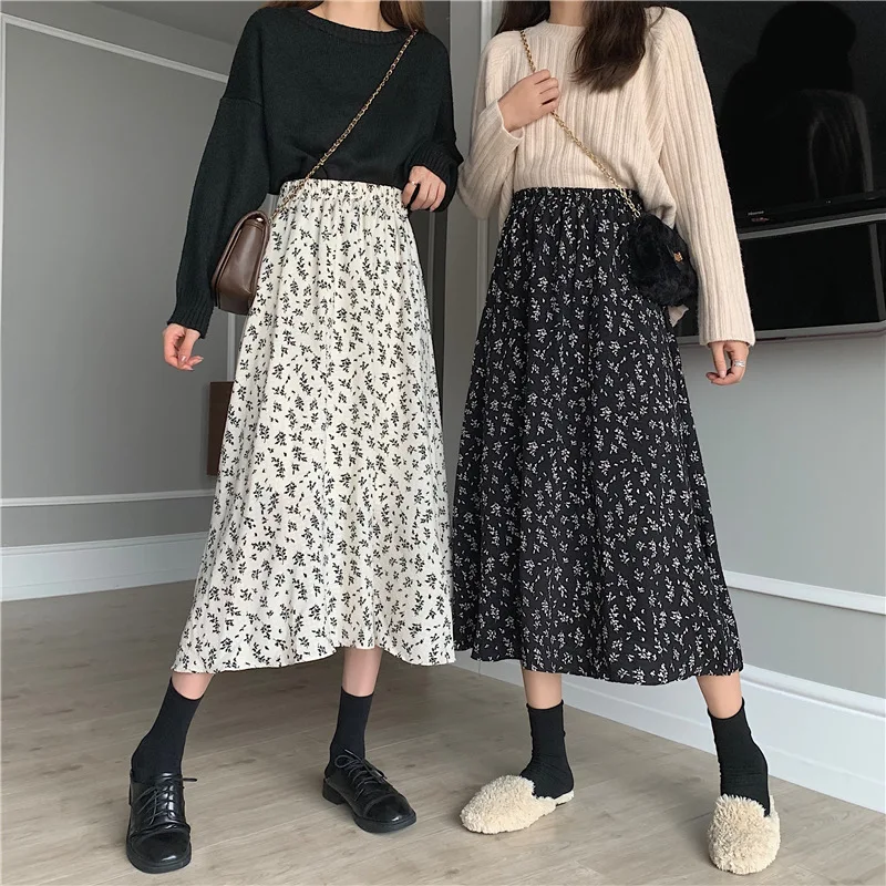 

Vintage Floral Print A-line Pleated Long Skirts Summer Women Korean Streetwear Drawstring Elastic Waist Midi Skirt 2023