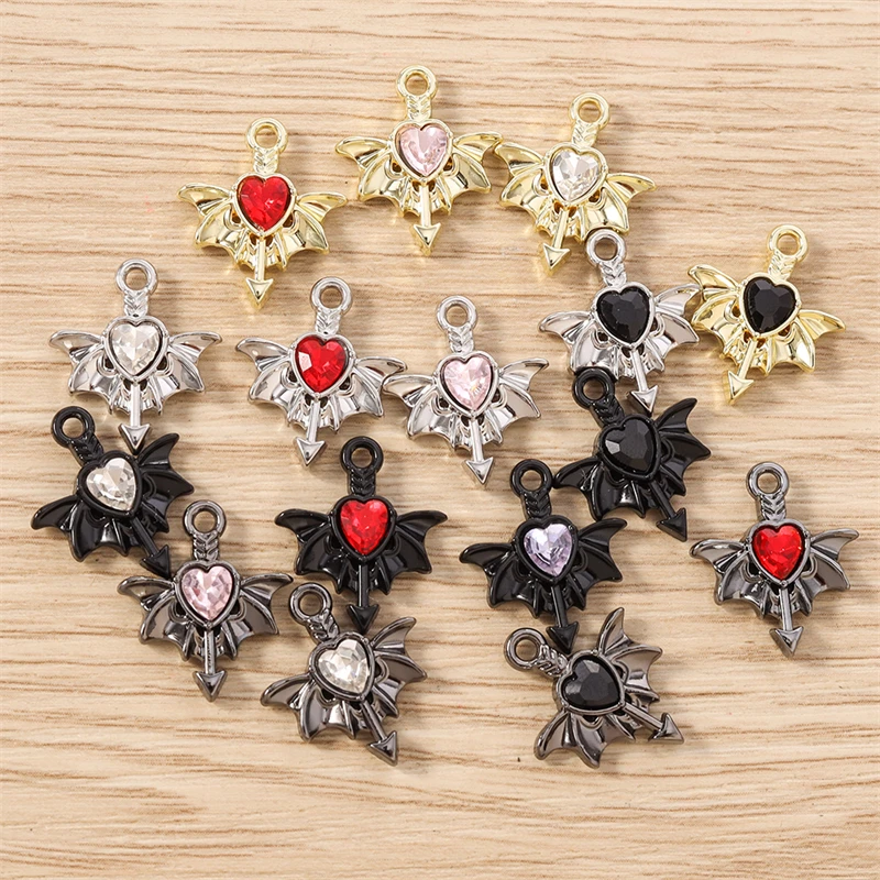 5 Stück 15 x 17 mm niedliche Kristall-Metall-Herz-Flügel-Charms-Anhänger für die Herstellung von Halsketten, Ohrringen, Armbändern, DIY-Handwerk, Schmuckzubehör – Detail 4