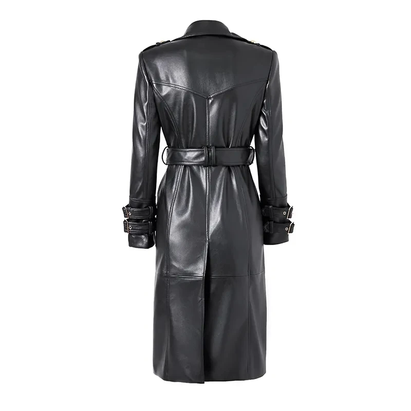 New Winter Luxury Design Double Breasted Black PU Leather Long Coats for Ladies Quality Street Women Trench with Belt