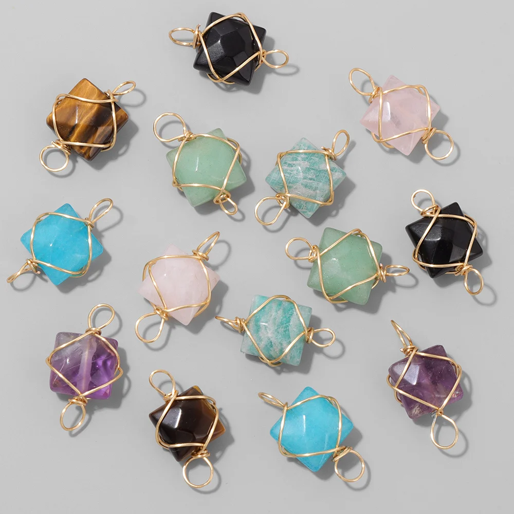 

8MM Square Natural Stone Pendants Wire Winding Amazonites Agates Charms Accessories For Jewelry Making DIY Crafts Women Necklace
