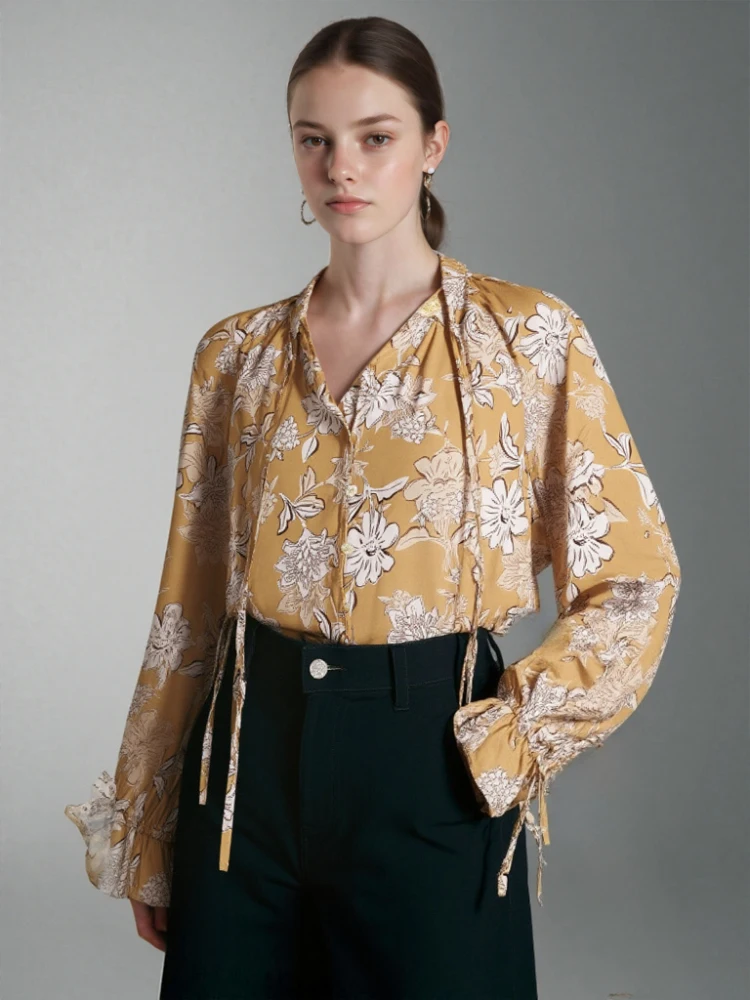 

Весна и осень, новый стиль отпуска, блузка с цветочным принтом, модная рубашка на шнуровке с длинным рукавом, повседневные тонкие женские рубашки с v-образным вырезом