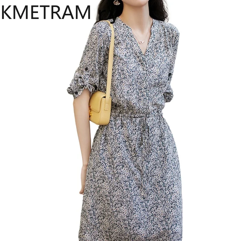 KMETRAM-vestido de seda de morera con estampado francés para mujer, vestidos pequeños de flores blancas, color gris, estilo delgado, novedad de verano, 2024