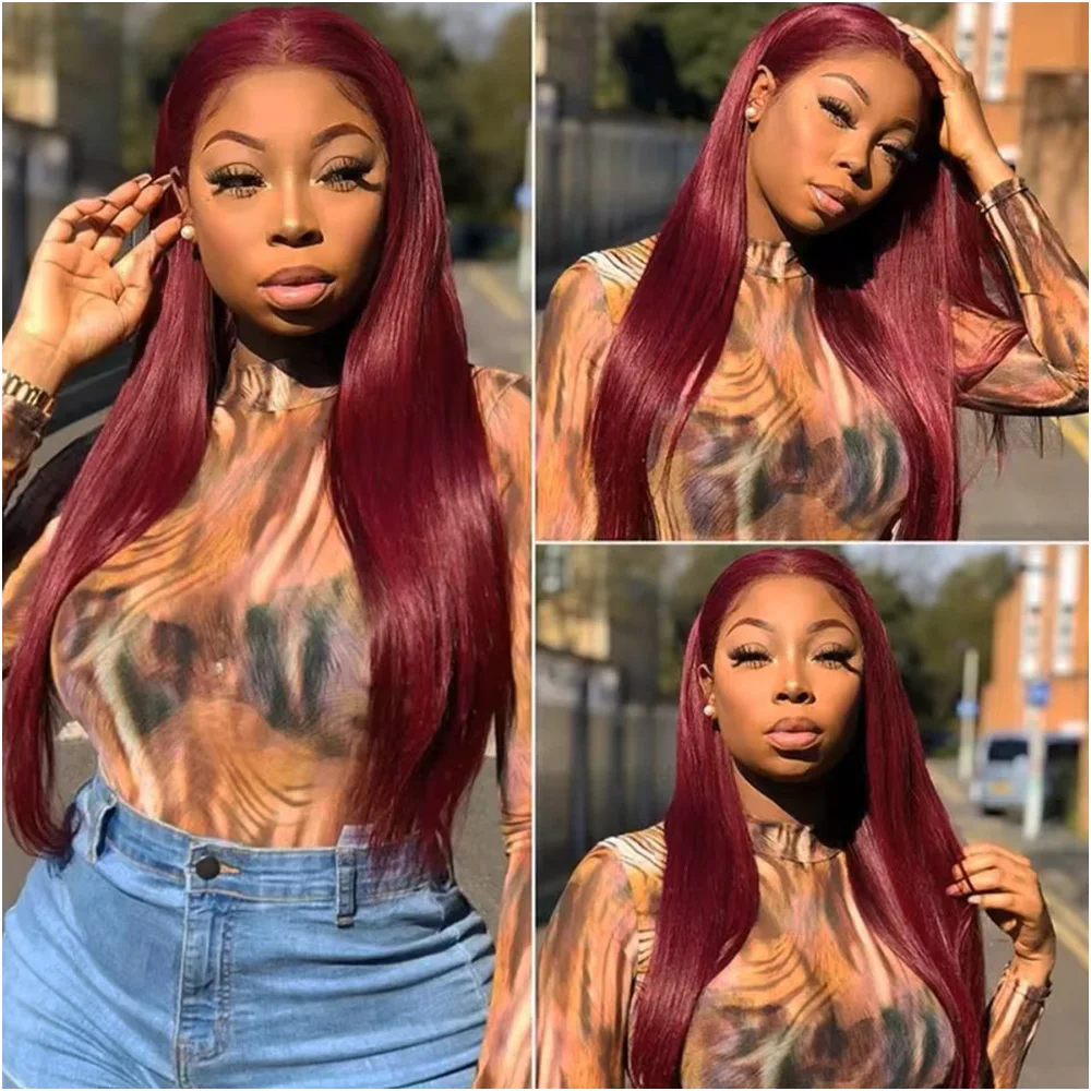 Peluca de cabello humano Frontal de encaje Borgoña 13x4 HD, peluca de cabello humano Frontal de encaje rojo liso 13x6, pelucas de cabello humano de color 99J, densidad 200