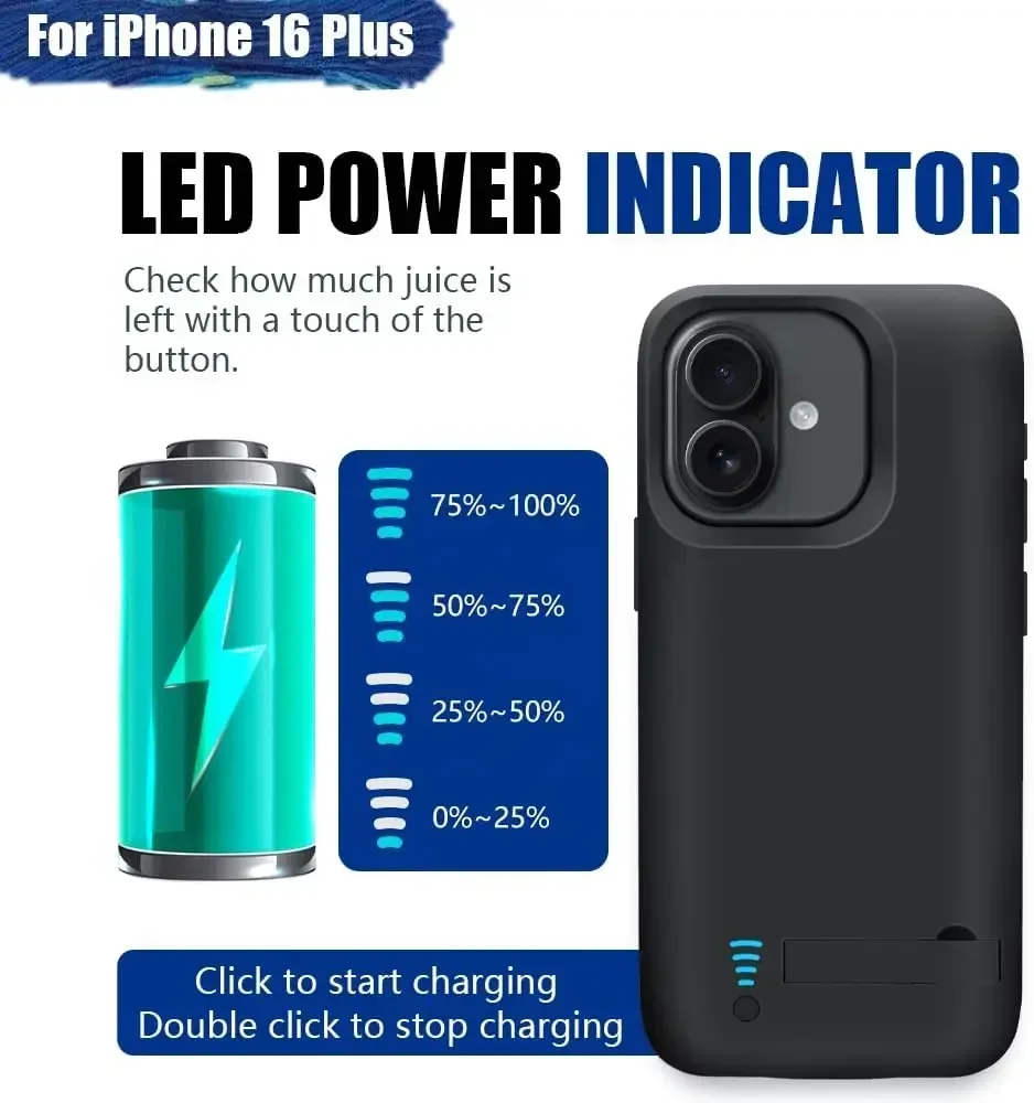 حافظة شاحن بطارية 6000 مللي أمبير لهاتف آيفون 16 بلس باور بانك قابلة لإعادة الشحن، غطاء شحن بطارية ممتد، بطارية خارجية