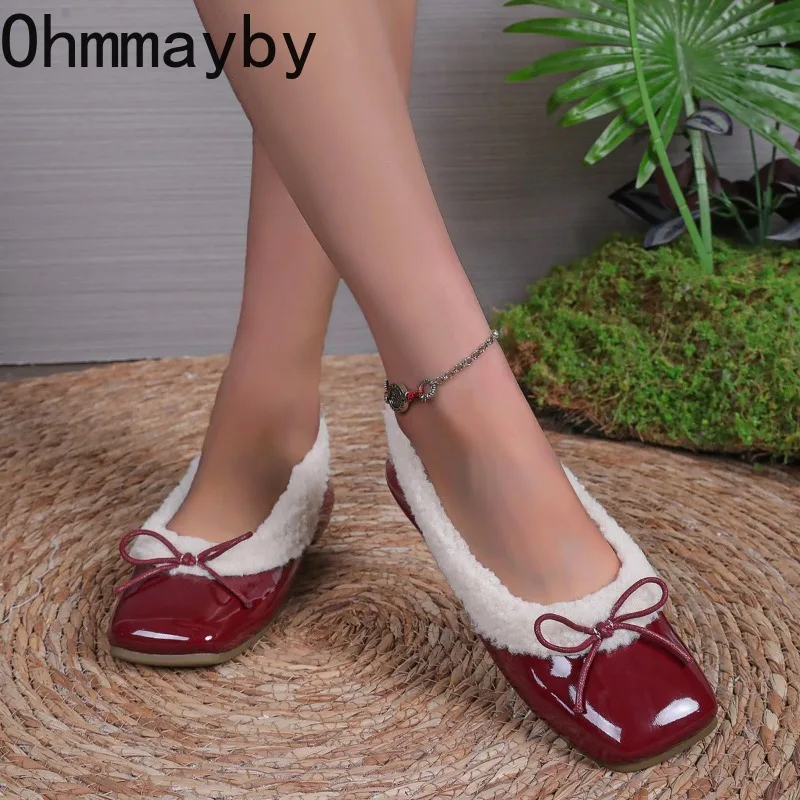 

Fashion Vintage Women Fur Lining Flats Shoes Concise Shallow Butterfly-knot Dress Shoes Comfortable Female Slip On Loafer Shoes