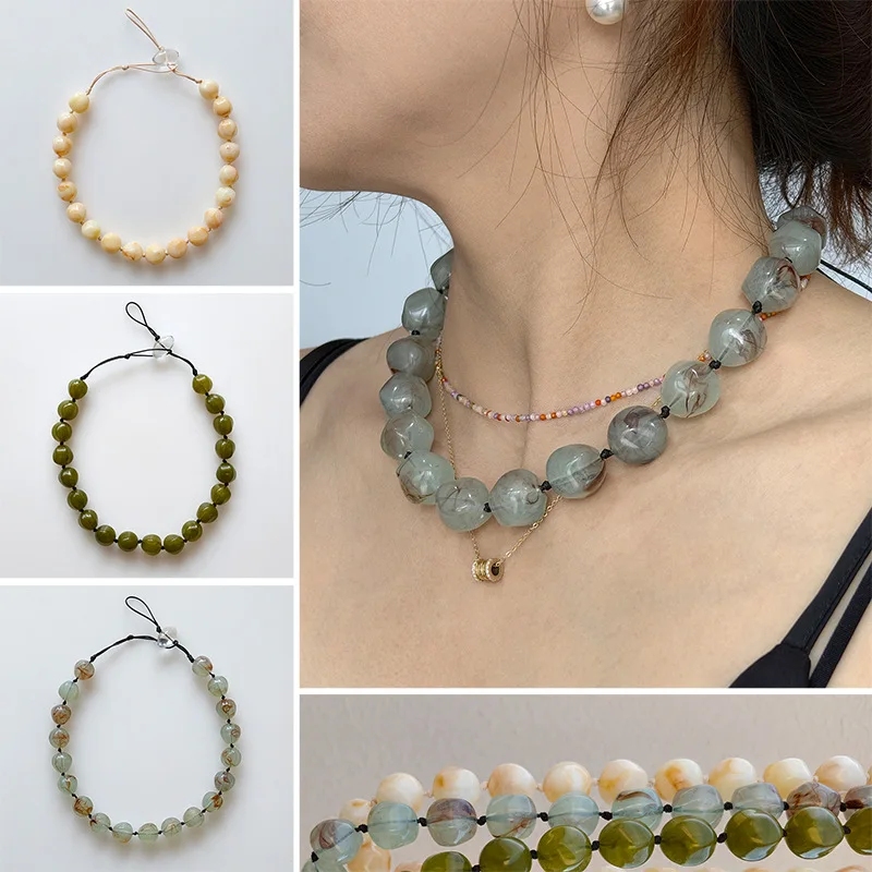 Fake Natural Agate Beaded Acrylic Statement Necklace for Women Retro Irregular Cool Drawstring Sweater Chain Layered Necklace