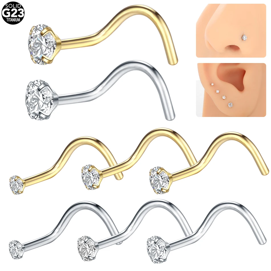 1PC G23 Titanium Round CZ Crystal Nose Stud Rings 20G Prong Nose Retainers S Shape Nostril Nariz Screw Piercings Jewelry 1.5-3mm