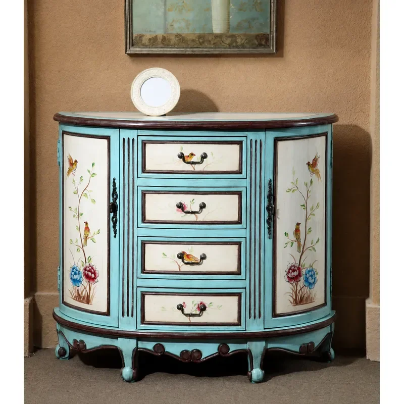 Semi Round Entrance Cabinet Chest Mediterranean Decorative Cabinet Entry Table Retro Blue Flower and Bird Side Cabinet