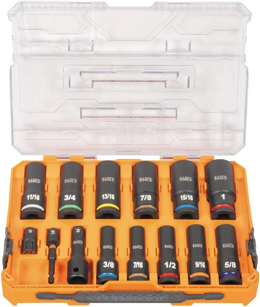 In Tools 65111Impct Knect Conjunto de soquetes de impacto Deep-Well, unidade de 1/2 polegadas, Sae, codificado por cores, caixa Modbox, adaptador de impacto e
