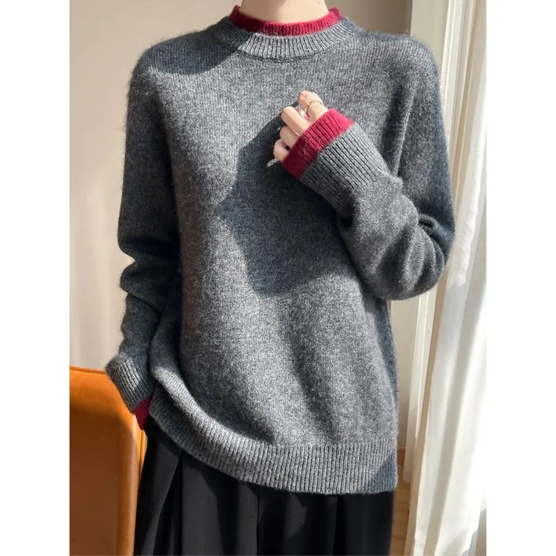 

Warm and Thickened Half Turtleneck Women's Fake Two-piece Color Matching Top Loose Long-sleeved Versatile Pullover Sweater
