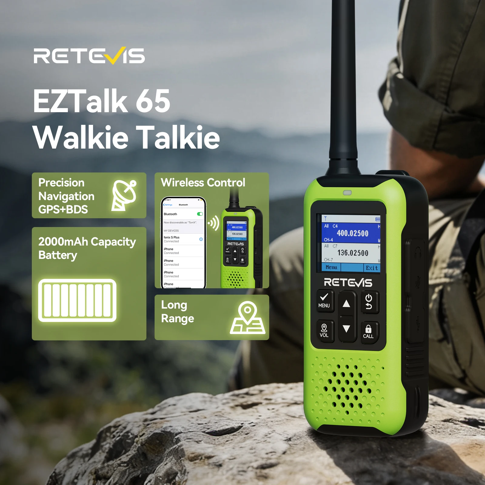 

Retevis EZTalk 65 GMRS Walkie Talkie, GPS BDS & Bluetooth APP Control, UHF VHF Long Range Two Way Radio for Camping Hiking