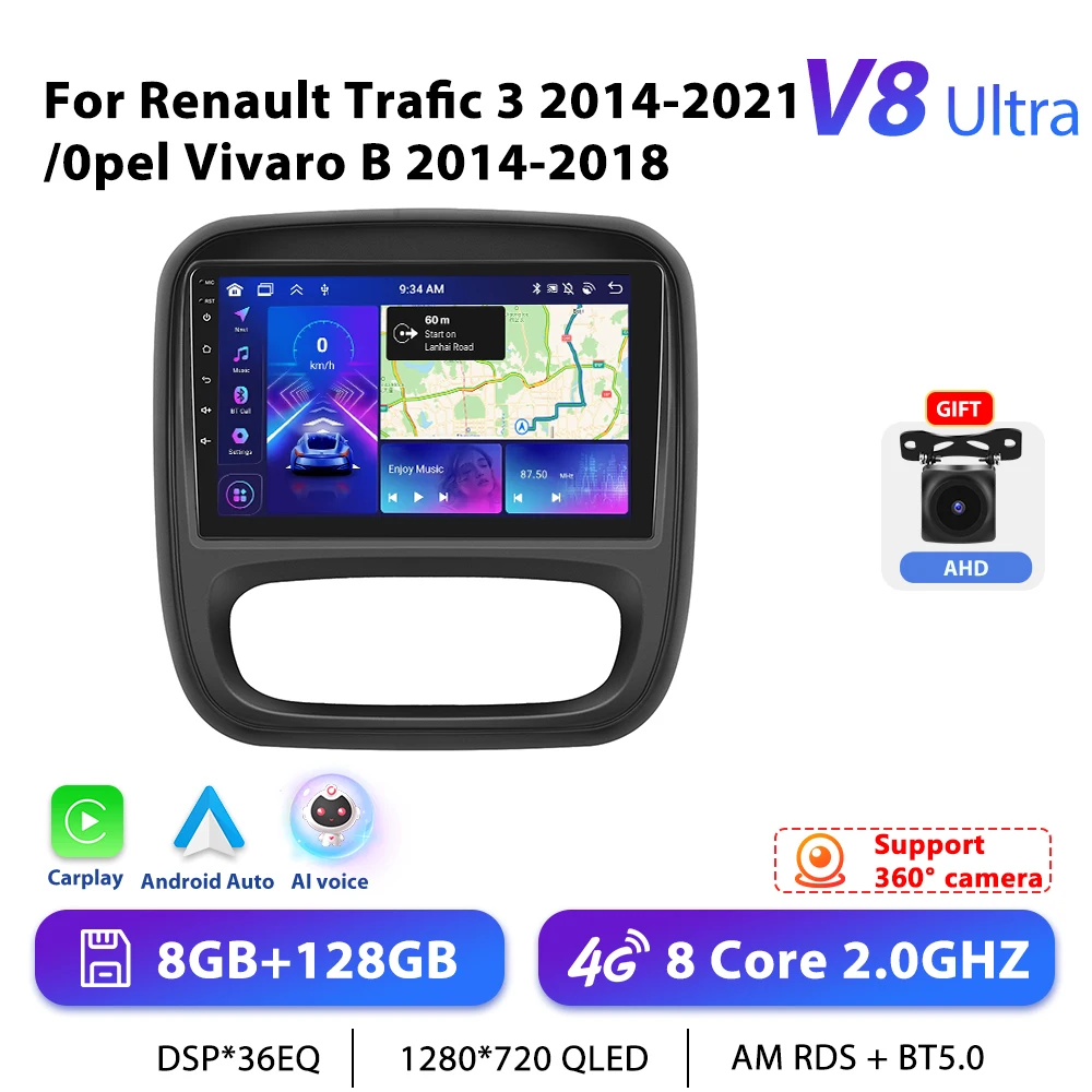Podofo 9 "Autoradio Draadloze CarPlay Android Radio Voor Renault TRAFIC/Opel VIVARO 2014-2021 Multimedia GPS FM 4G WIFI Autoradio