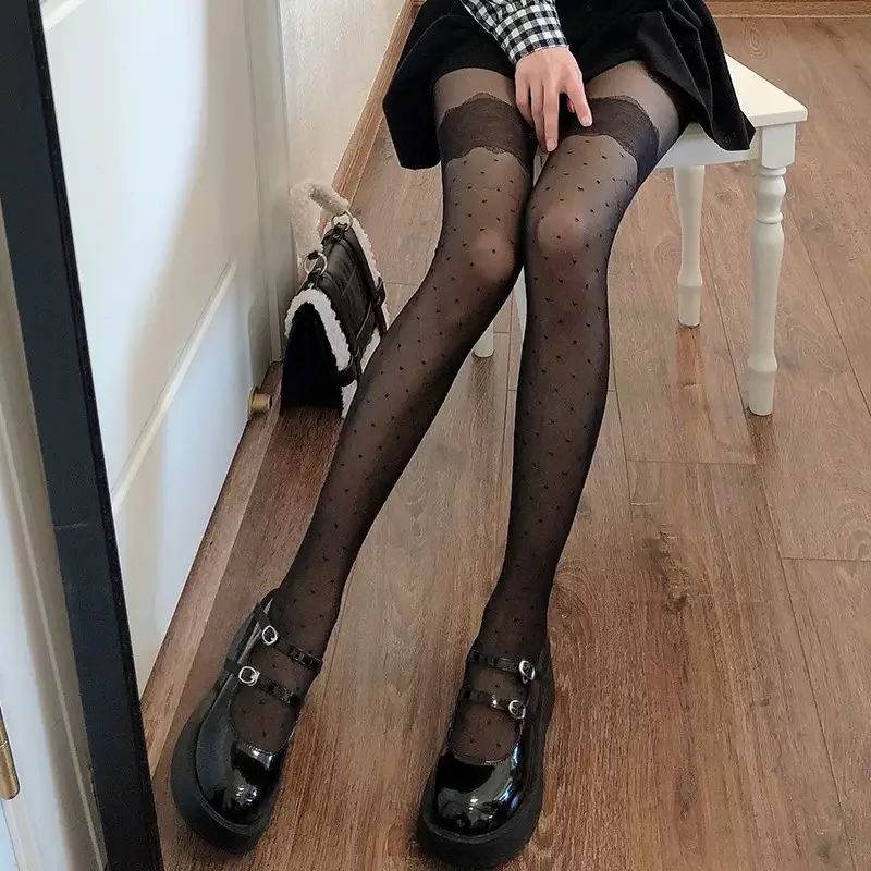

Sexy Women Polka Dot heart-shaped Silk Stockings Classic Elastic Kawaii Tights Vintage Faux Tattoo Thigh Sheer Female Pantyhose
