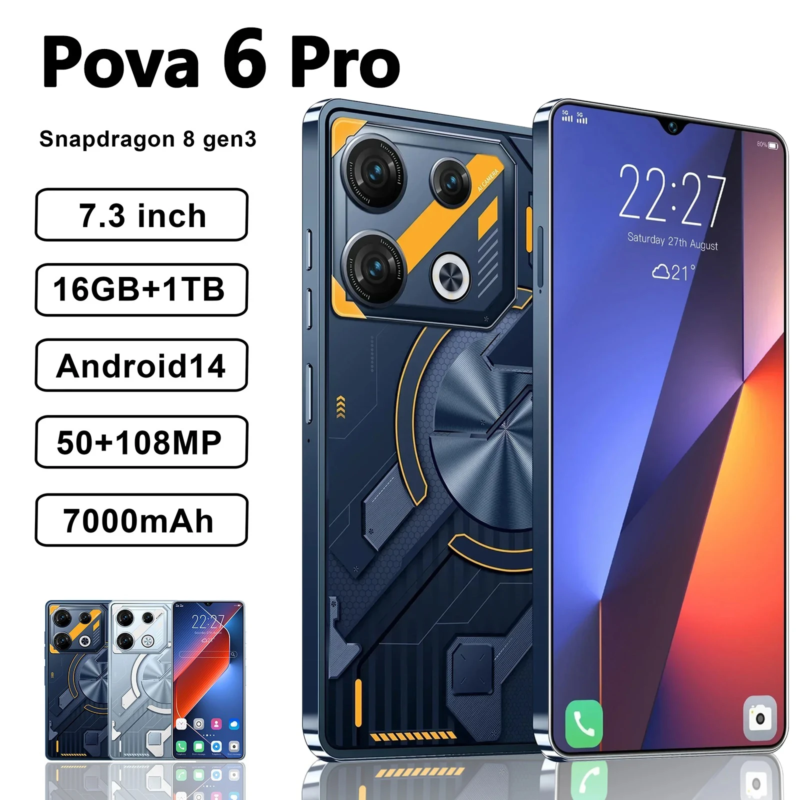 Smartfon Pova 6 Pro oryginalny 5G 7.3 cal HD 16G + 1TB telefon komórkowy Dual SIM telefony komórkowe 50 + 108MP 7000mAh Android 13 odblokowany NFC