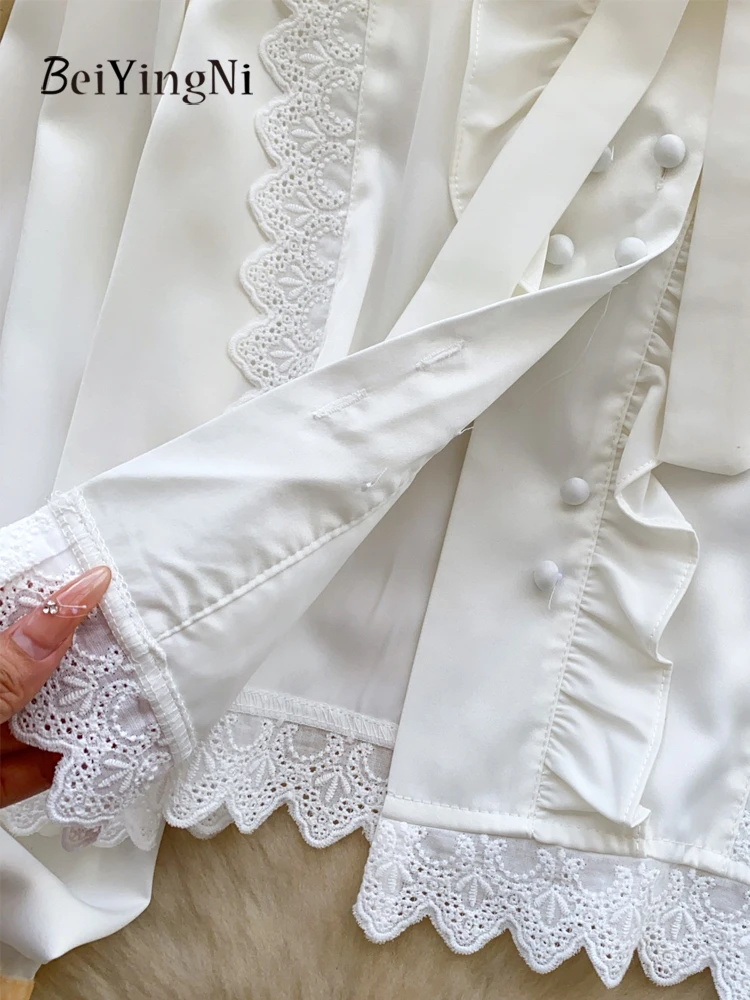 Beiyingni Casual Nieuwe Mode Vrouwelijke Tops Luxe Kpop Boog Kant Patchwork Volledige Mouw Shirts voor Vrouwen Effen Herfst Franse Blusas