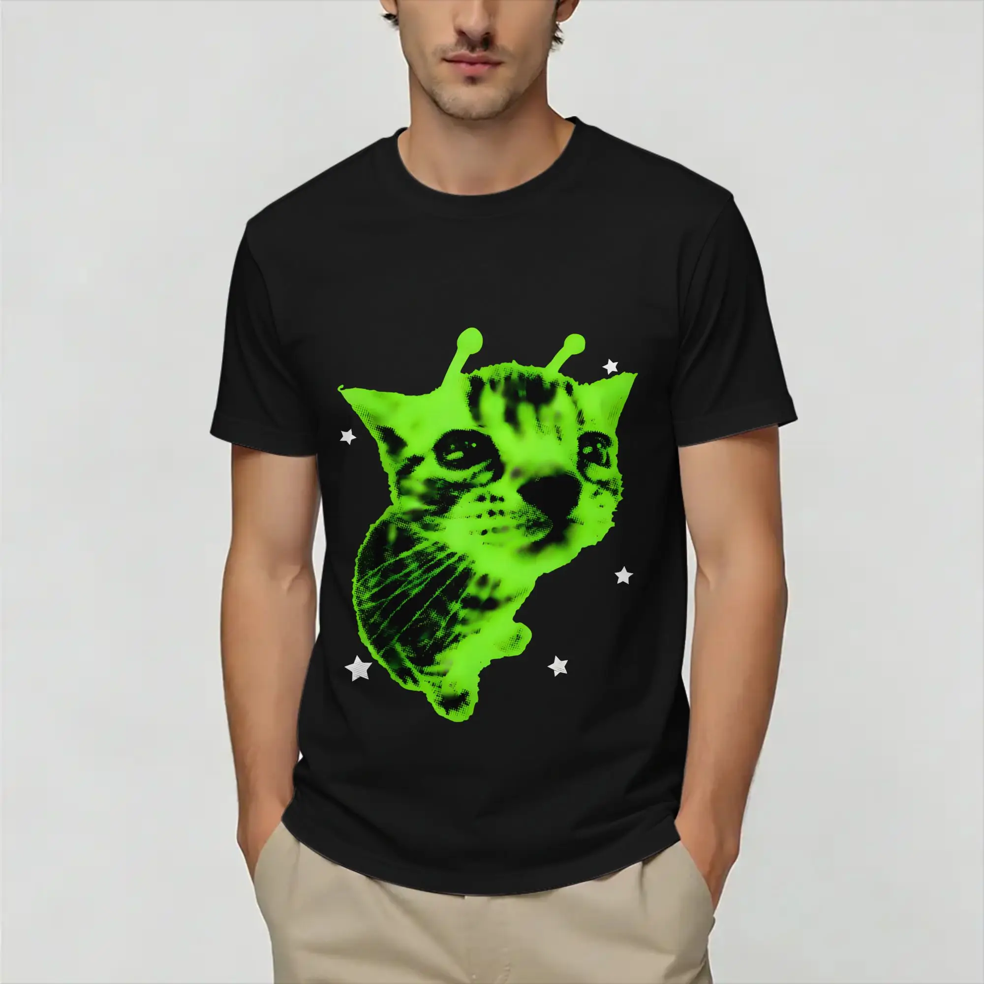 Funny Cat Catch Alien   100 Cotton T-Shirt For Men Summer  Vintage T-Shirts O-Neck Hipster Tees Oversized Loose Clothing