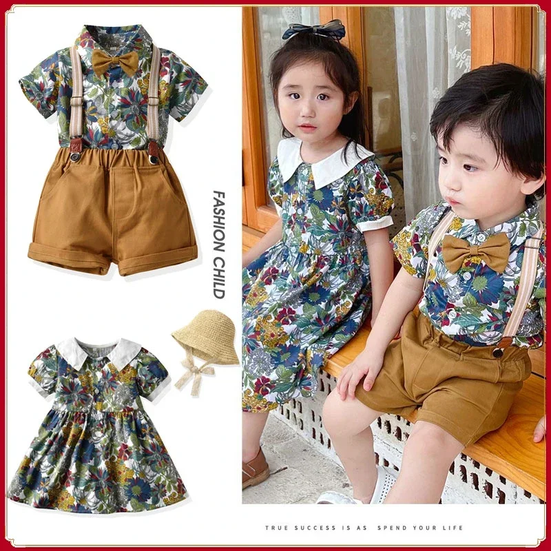 Brother and Sister Matching Summer Kid Children Clothes Baby Boy Floral Short Sleeve Shirt + Shorts Suit Baby Girl Flower Dress