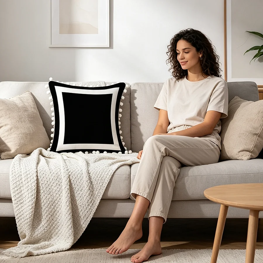 1PC Black White Border Print Pillow Cover Pom Pom Tassel Geometric Frame Decorative Throw Pillow Sofa Couch Bedroom Home Decor