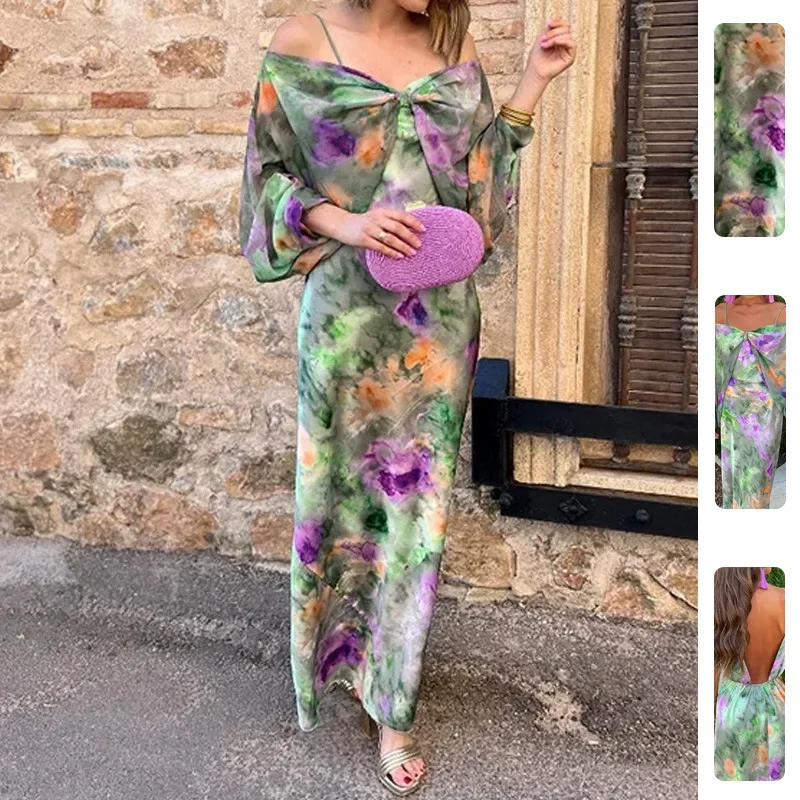 

FL Summer New Women Sexy Off Shoulder Tie Dye Cami Cape Dress Two Piece Set Soft Light Breathable Chic Daily Casual Beach 2026