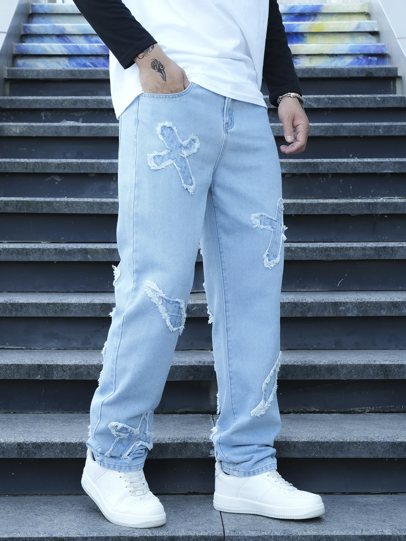 

Мужские синие джинсы стандартного кроя с нашивкой, прочные неэластичные джинсовые брюки, мужские брюки, размер XS-XL