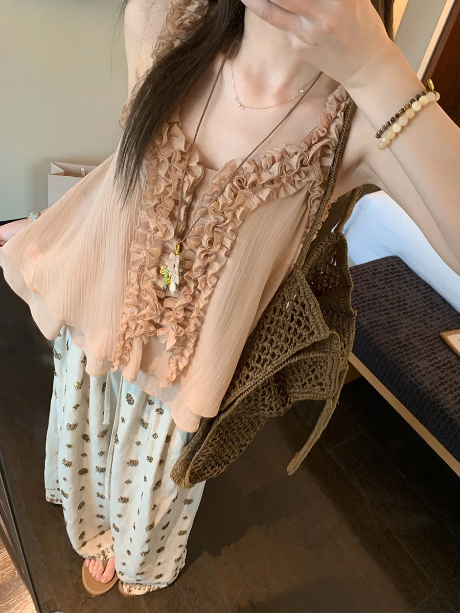 MUKOK Ruche Detail Off-Shoulder Top Summer New Style Sleeveless Women Outerwear Casual Comfortable Breathable V-neck Dress