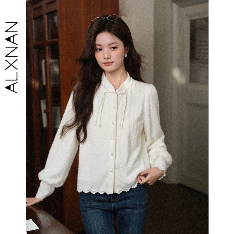 

ALXNAN бежевая рубашка, осенняя новинка, китайский стиль, жемчужные пуговицы, кружевная лоскутная женская рубашка, обычная свободная блузка для поездок на работу L58513