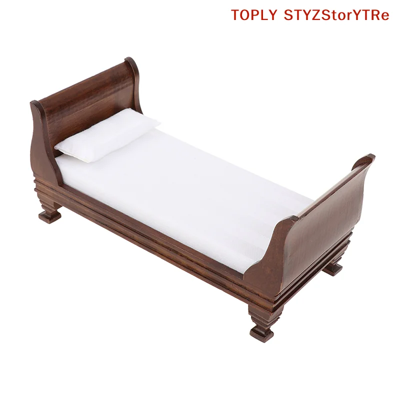 Łóżko pojedyncze do domku dla lalek 1:12, miniaturowe drewniane meble, akcesoria do domku dla lalek