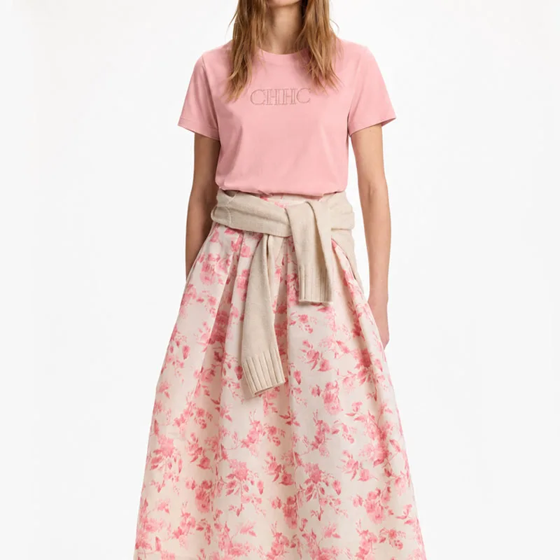 CH Damen-T-Shirt aus rosa Baumwolle mit gesticktem Schriftzug, kurzärmelig, lässiges Sommer-Basic-Top – Detail 3