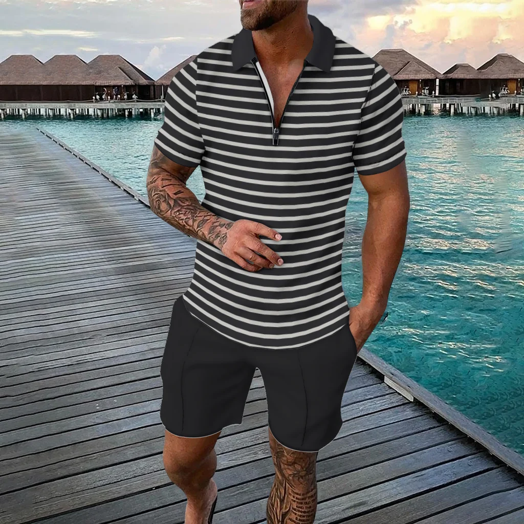 Men's Stripe Pattern Two Piece Sets Summer Casual Zipper Polo Shirt Shorts Outfits Fashion Daily Casual Breathable Oversize Suit