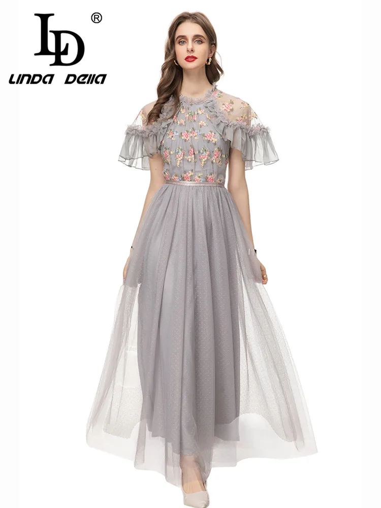 LD LINDA DELLA 2024 Summer Elegant and Pretty Dress Women's Gray Ruffle sleeve Print Splice Pleating Lace Long Dress