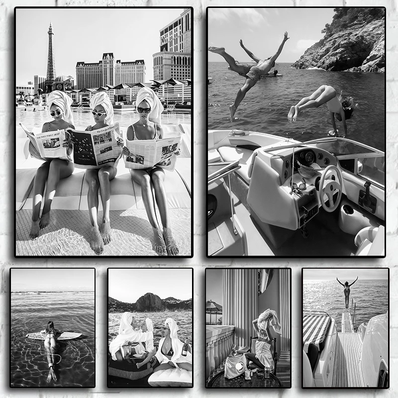 Black&White Seascape Surfer Beach Girl Luxury Summer Chic Photography Poster Canvas Painting Wall Art Pictures Home Decor
