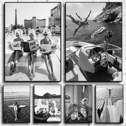 Black&White Seascape Surfer Beach Girl Luxury Summer Chic Photography Poster Canvas Painting Wall Art Pictures Home Decor