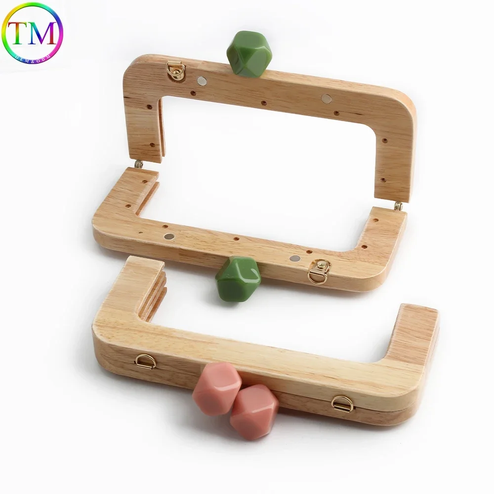 19.6x11cm Candy Color Plastic Bead Natural Solid Wood Handles Wood Frame For Clutch Bags Handbag Wallet Wooden Frame Accessories