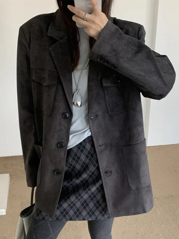 

Chic Retro Lapel Buttoned Deer Skin Velvet Jaet Women's Long Sve Suit Top Korean Sle Commute Suitable Winter New Design