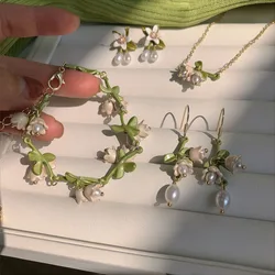 White Lily Of The Valley Set Bracelet Earrings Necklace Super Fairy Stud Earrings Girls Clavicle Chain Flower Jewelr Gifts