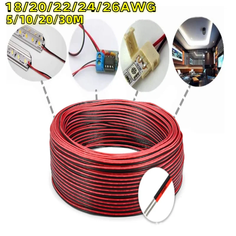 2pin Red Black Electrical Wire 18 20 22 24 26 LED Strip Cable 2 Core Tinned Copper Extension Power Cord For Lighting Audio