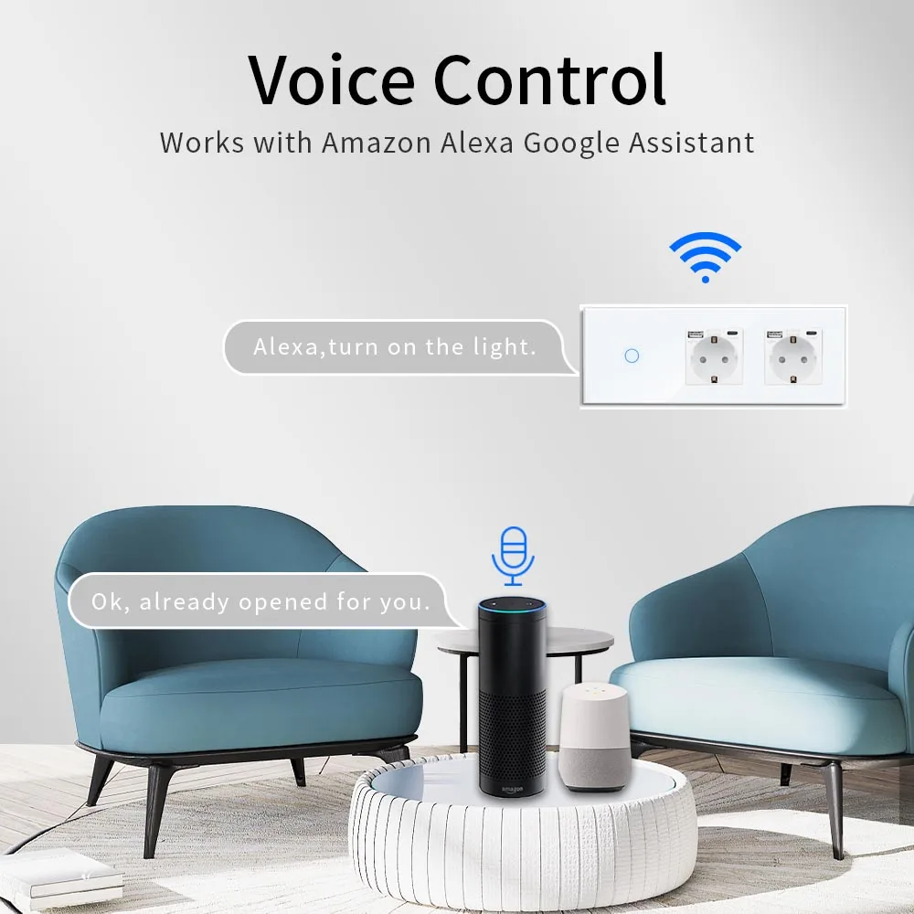 Bingoelec Wifi Wall Touch Switch With Double USB Sockets Type-C 1/2/3Gang Light Switches Work With Alexa Tuya Google Home