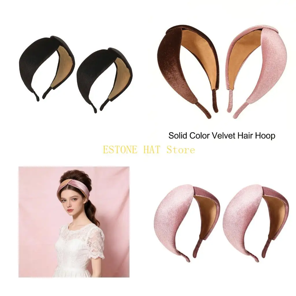 

49MF 2Pcs Soft Velvety Headbands Color Wide Band Elegant Design For Gentle Wear