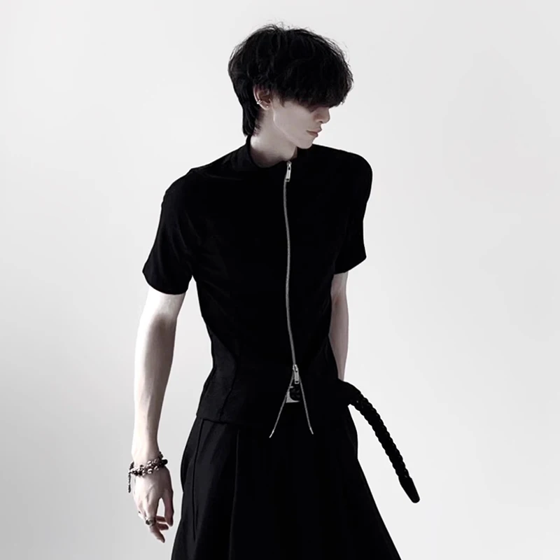 FEWQ قمصان رجالية على الطراز الكوري بياقة واقفة وسحاب تصميم بلون سادة من الحرير الجليدي وأكمام قصيرة سريعة الجفاف تي شيرت رجالي نحيف 24K4391 #3