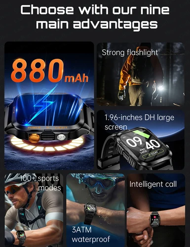 Imagen 2 del producto Reloj inteligente para exteriores para hombre, GPS, deportivo, batería de 800mAh, Bluetooth, llamada, salud, pantalla de 1,96 pulgadas, linterna, reloj inteligente resistente al agua 3ATM