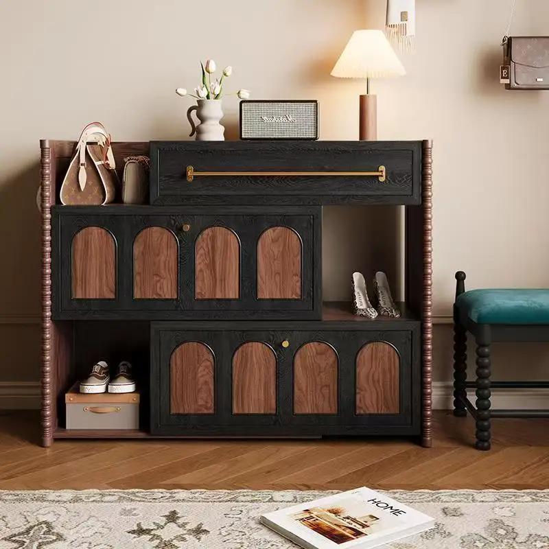 خزانة شرفة دخول من الخشب الصلب على الطراز الفرنسي القديم، خزانة تخزين باب المنزل لغرفة المعيشة